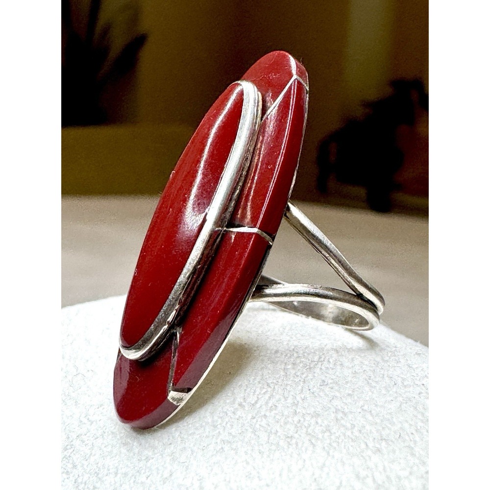 Julius Manuelito Navajo Precious Red Coral Statement Ring Size 7 3/4 - 1.5" Long